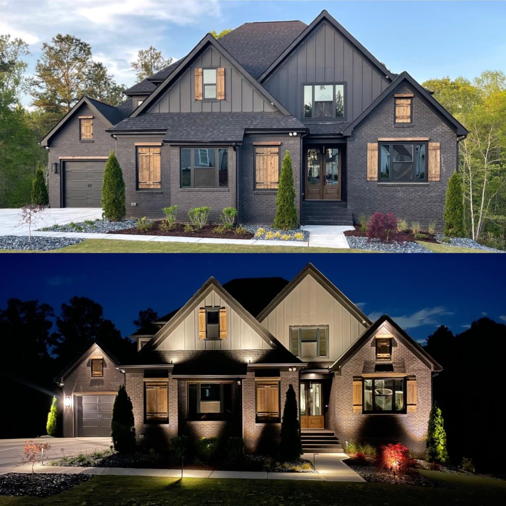 Daytime and nighttime views of a home's exterior lighting