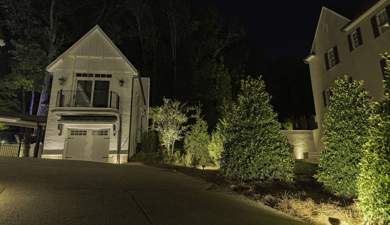 Landscape lights illuminating trees beside a driveway
