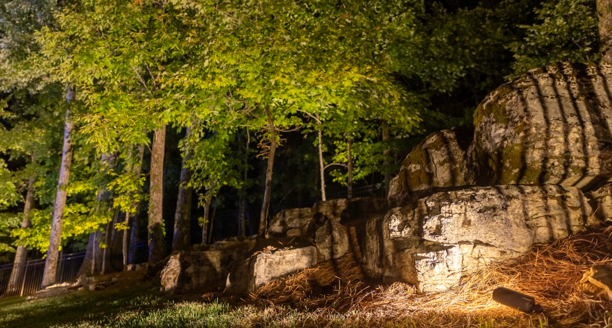 Landscape lighting highlighting a stone retaining wall and trees