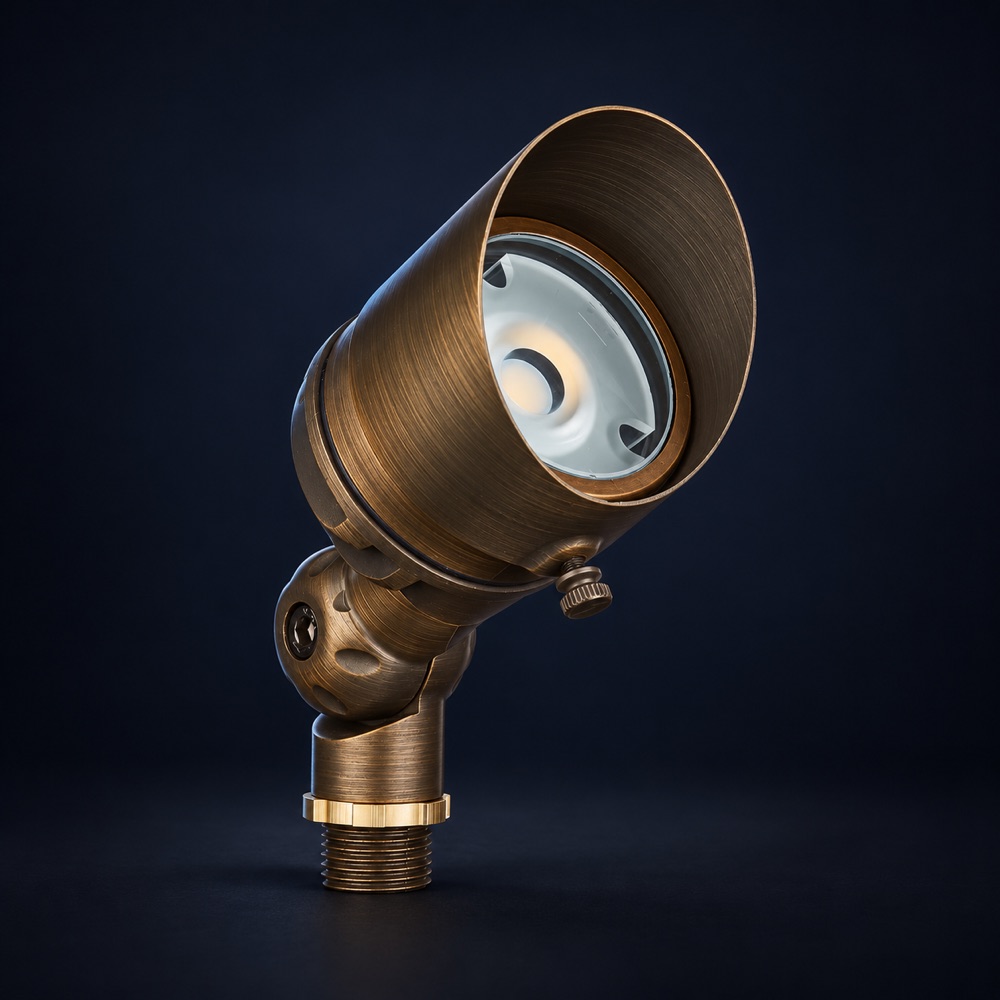 Product illustration: bronze adjustable accent light with a hooded lens