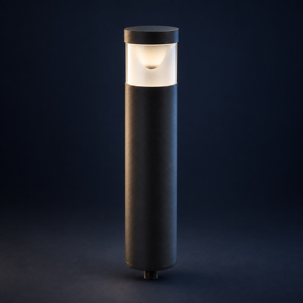 Product illustration: dark cylindrical bollard light with an illuminated upper diffuser