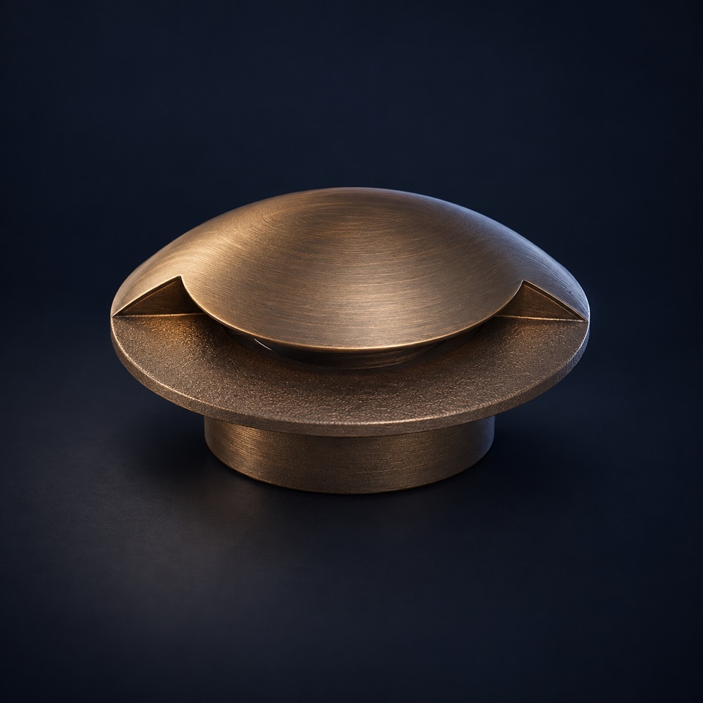 Product illustration: low-profile bronze deck light with shielded side openings