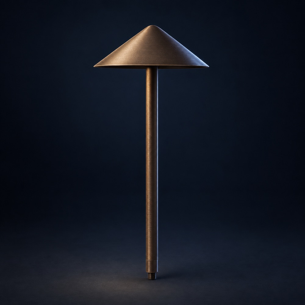 Product illustration: slender bronze path light with a broad conical shade