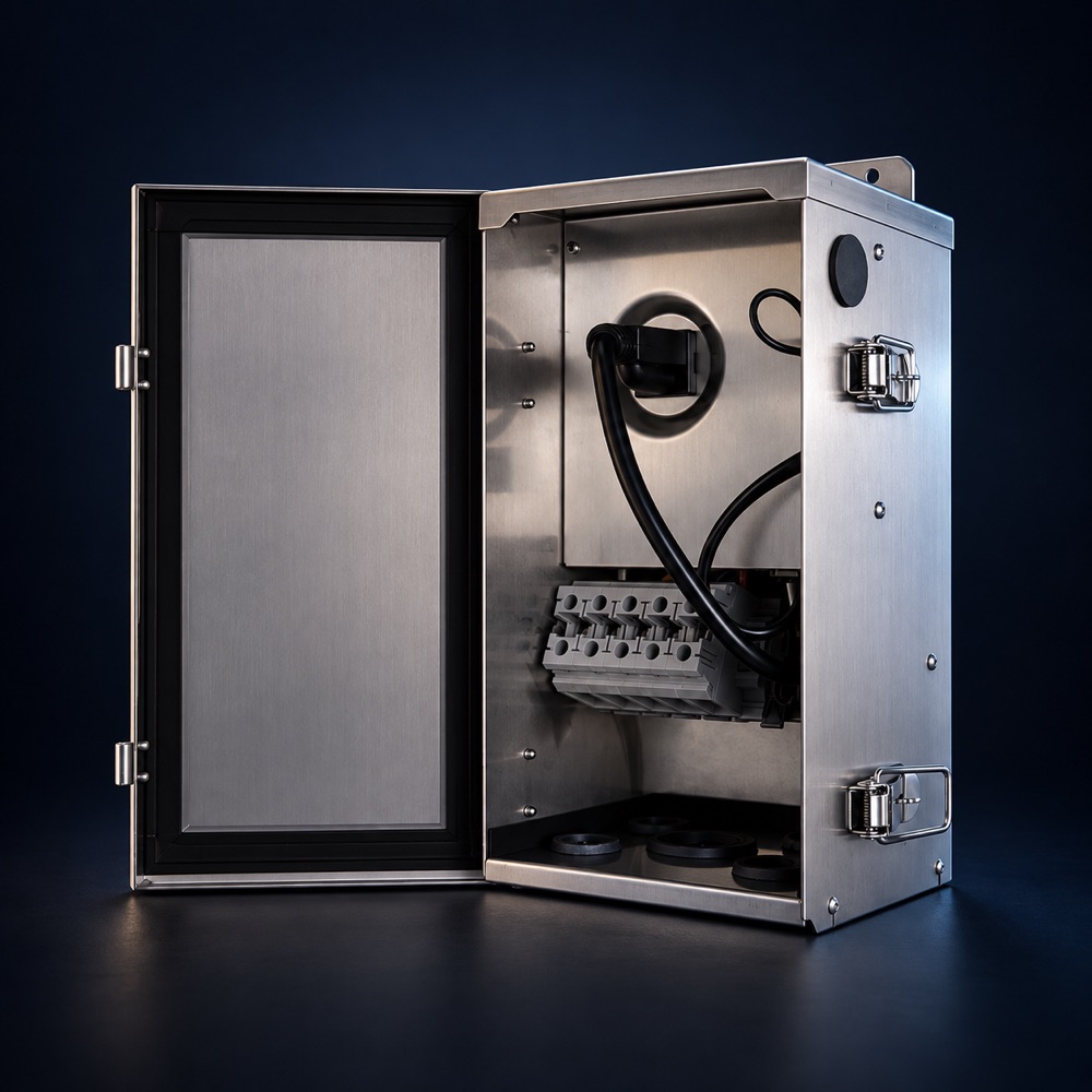 Product illustration: open stainless steel low-voltage transformer cabinet