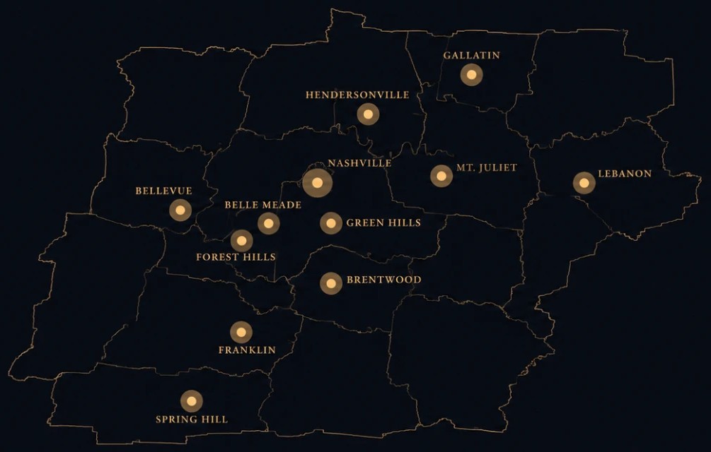 Map of Middle Tennessee counties served by Music City Outdoor Lighting